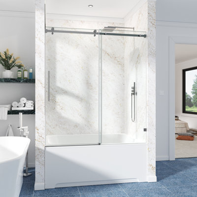 56-61" W x 66" H Frameless Single Sliding Tub Door, 3/8"(10mm) SGCC Tempered Clear Glass with R5 Beveled Edge, Shatter-Resistant Anti-Explosion Film, Square Top Rail & Installation Hole Locator