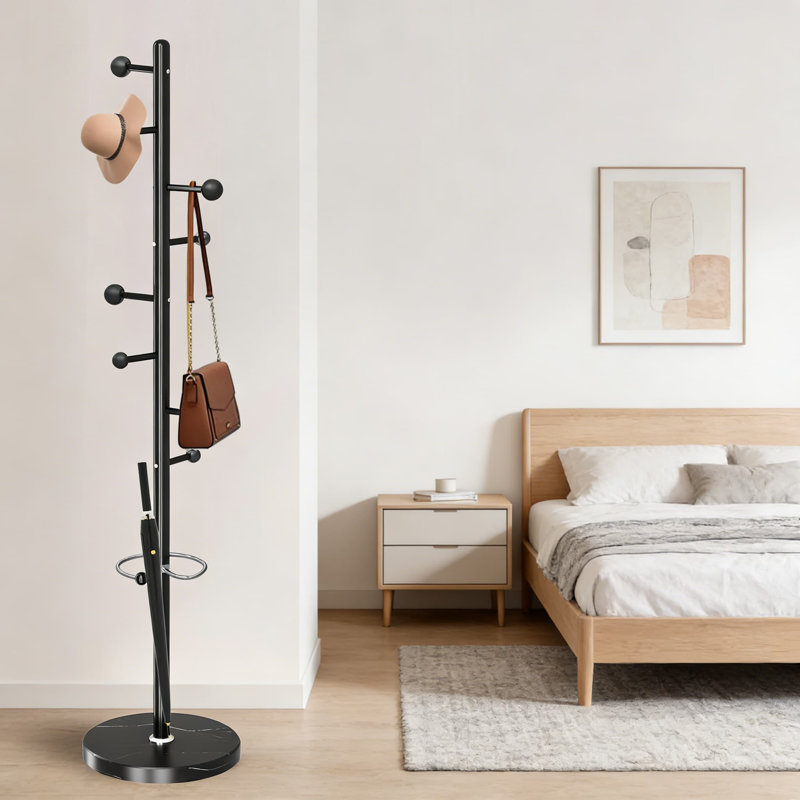 Modern Freestanding Coat Rack With Natural Marble Base, 8 Stainless Steel Hooks And Umbrella Holder, Heavy-Duty Hall Tree For Entryway, Office, And Home