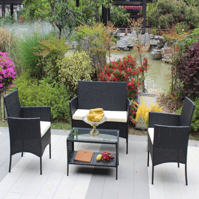 Contemporary 4 PC Rattan Patio Furniture Set Outdoor Patio Cushioned Seat Wicker Sofa (Beige Cushion