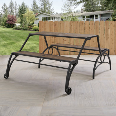 Izobella Walnut Finish Black Metal Outdoor Convertible Table/Bench by Williston Forge