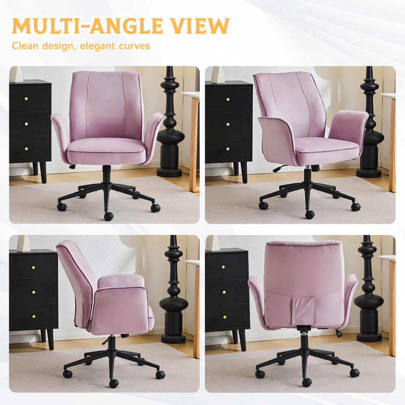 Chaise de bureau pivotante en velours à queue d'aronde 28,5 po, Mauve