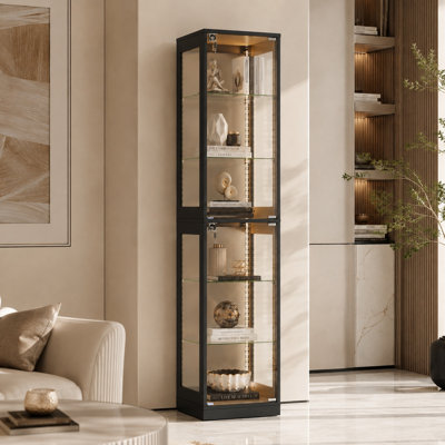 66.1'' H Black Glass Display Cabinet with LED Lights, USB Port, Locking Doors & Adjustable Tempered Glass Shelves