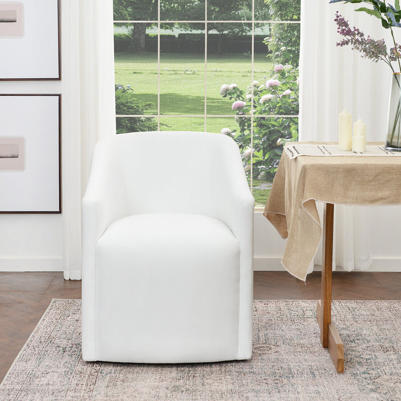 25" Wide Modern No Assembly Linen Barrel Back Upholstered Dining Armchair with Interchangeable Casters & Fixed Feet, White