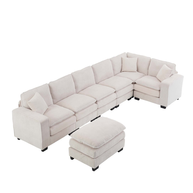 Modern U-Shaped 6-Seat Modular Sectional Sofa With 1 Ottoman & 3 Toss Pillows, White Corduroy