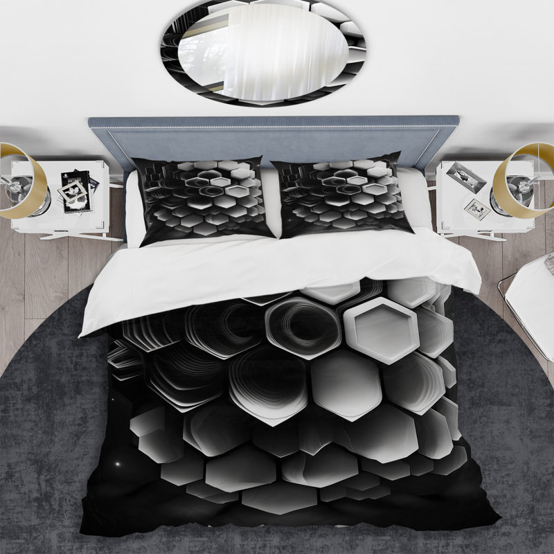 Ensemble de housse de couette en microfibre / polyester abstrait géométrique noir et blanc I