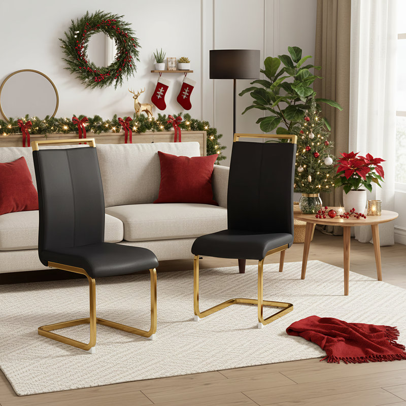 Amari Modern Faux Leather Cantilever Dining Chairs with Gold Finish Base (Set of 2), Black, Gold, 2