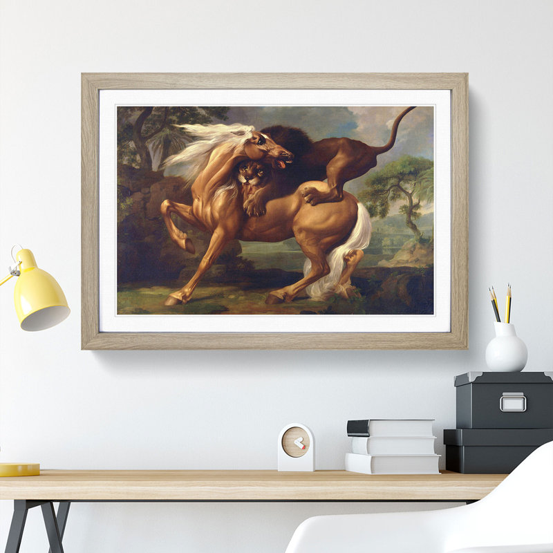 Lion Attacking a Horse by George Stubbs - Picture Frame Painting, 48cm H x 65cm W x 2cm D, Oak Framed