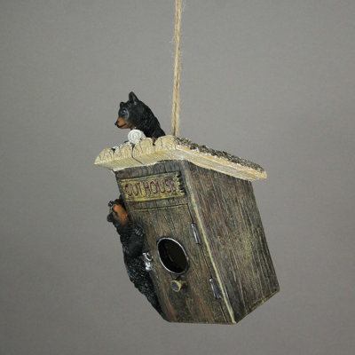 Rustic black bear cubs on cast polyresin outhouse birdhouse with jute rope, 8.5 inches high