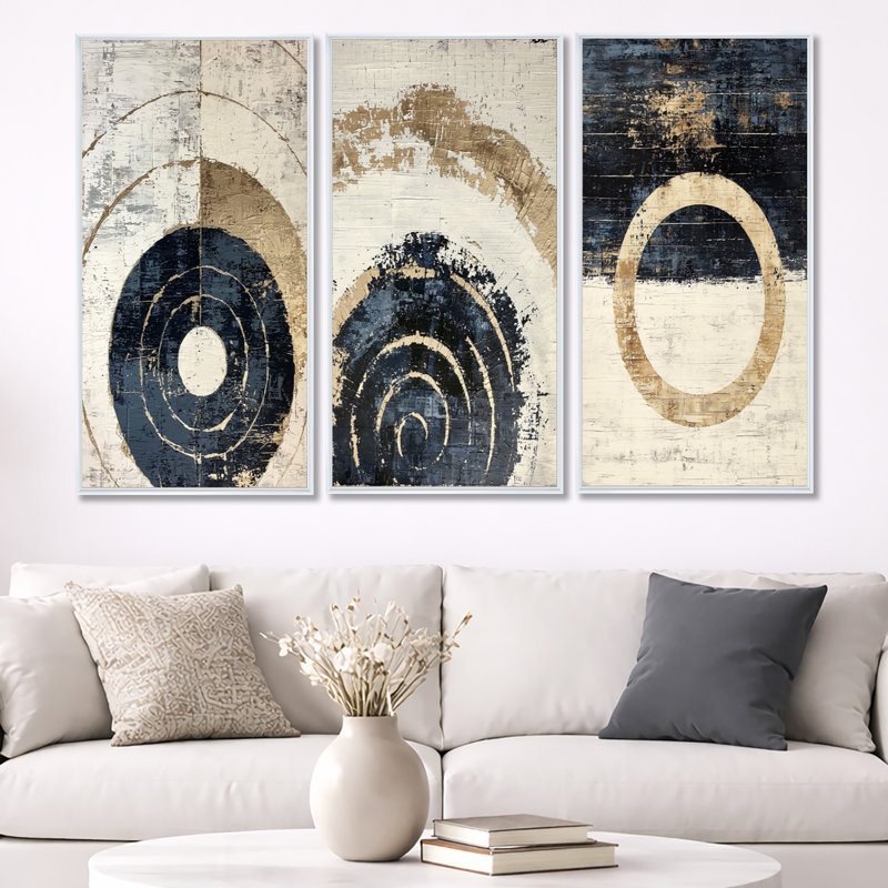 «Beige and Blue Celestial Spiral Balance - Abstract Minimalisme», reproduction sur toile encadrée 3 pièces, H 32 po x l 48 po