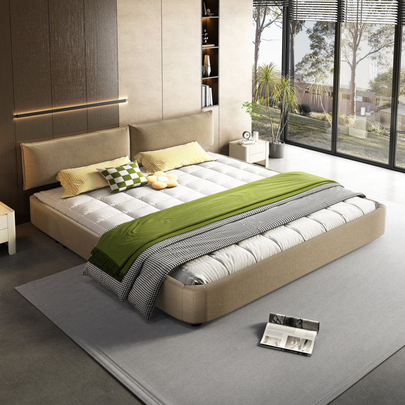 Structure de lit Cloud avec tête de lit mobile surdimensionnée et rembourrée, lit tapissier en chenille avec coin rond, support double à lattes en bois massif et en métal, aucun sommier nécessaire