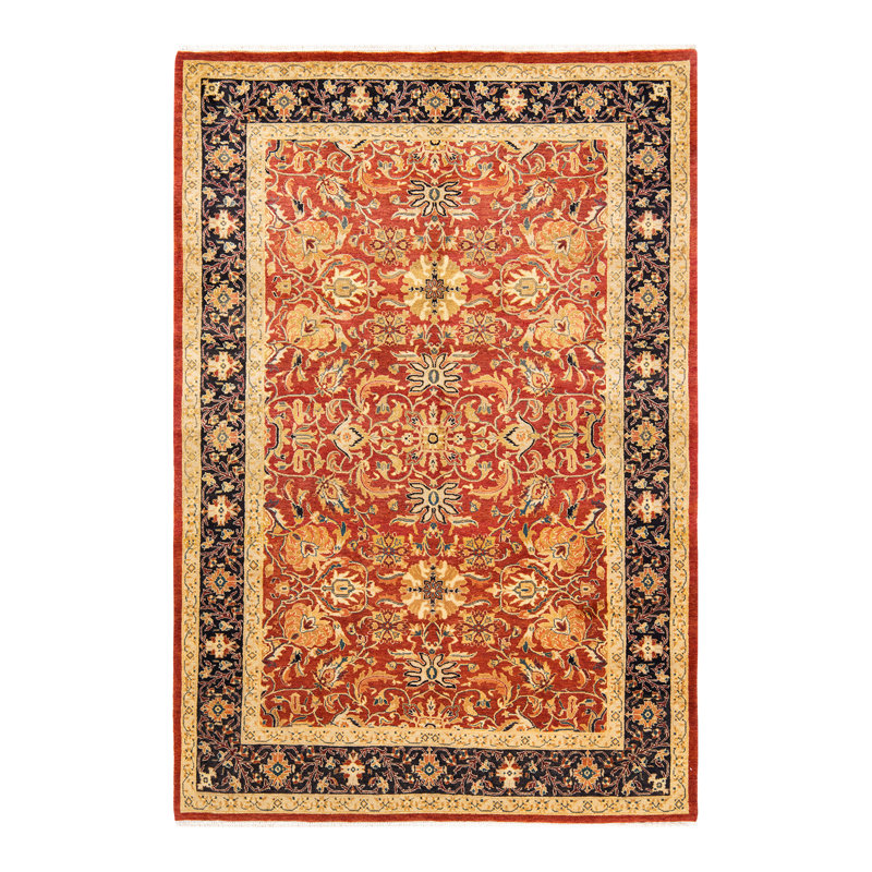 Tapis unique noué à la main éclectique Seidler - orange, 6 pi 1 po x 9 pi 1 po