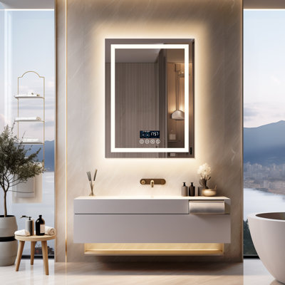 Led Bathroom Mirror With Lights, Wall-mounted With Bluetooth Speaker, Time & Date Display Anti-fog, 3 Color Temperature, Dimmable Brightness, Ip65 Waterproof, Tempered Glass, Frontlit & Backlit