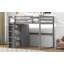 Lit mezzanine double en bois avec garde-robe intégré et tablettes de rangement, lumière DEL, gris