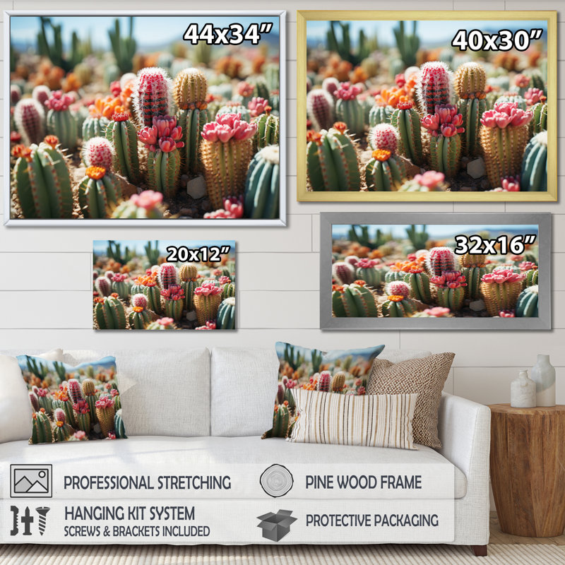 Cactus vert et rose I - décoration murale florale, Cadre photo argenté, H 34 po x l 44 po x P 1,5 po