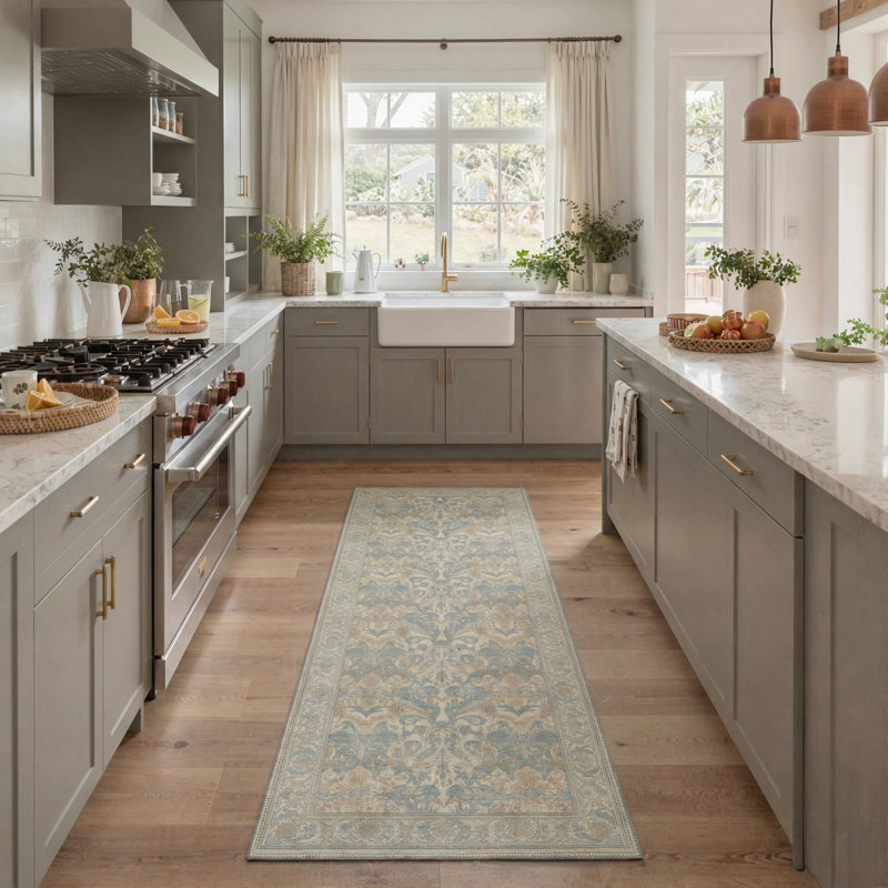 Verve Floral Machine Washable Blue / Brown Indoor Area Rug with Non-Slip Backing, Runner 2'6" x 8'