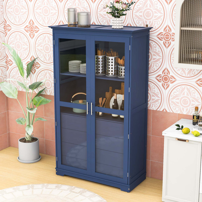 Garde-manger 4 tiroirs avec tablette et portes en verre, Bleu