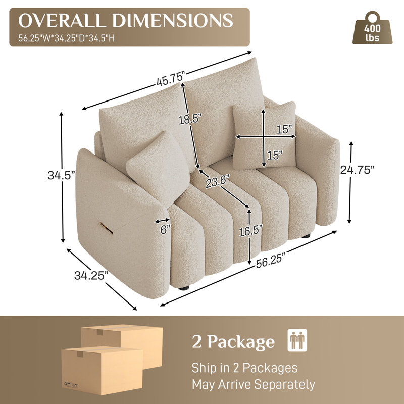 58'' Modern Teddy Fabric Upholstered Loveseat, Light Brown