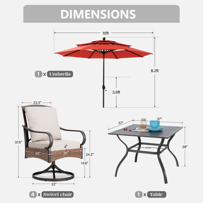 Ensemble de salle à manger pour 4 personnes 37 "avec coussins et parasol Leonard Square, Rouge