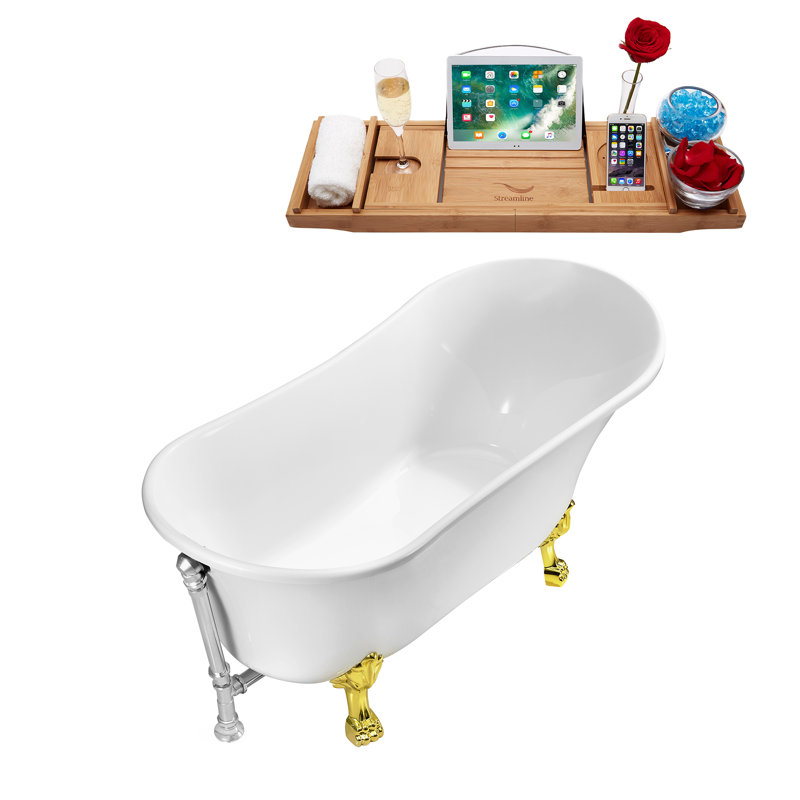 55" Streamline Clawfoot Soaking Acrylic Bathtub With Drain, Clawfeet, and Bamboo Tray, Polished Chrome, Polished Gold