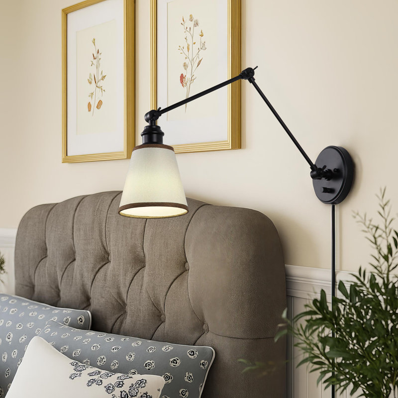 1 - Light Swing Arm Wall Lamp - White Fabric - Brown Trim, White Fabric with Brown Trim