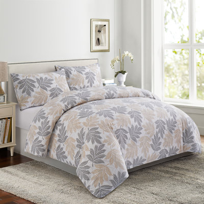 Marina Decoration Ultra Soft Silky Zipper Rich Printed Rayon from Bamboo All Season Duvet Cover Set with 1 Pillowcase, Taupe Grey Leaves Pattern