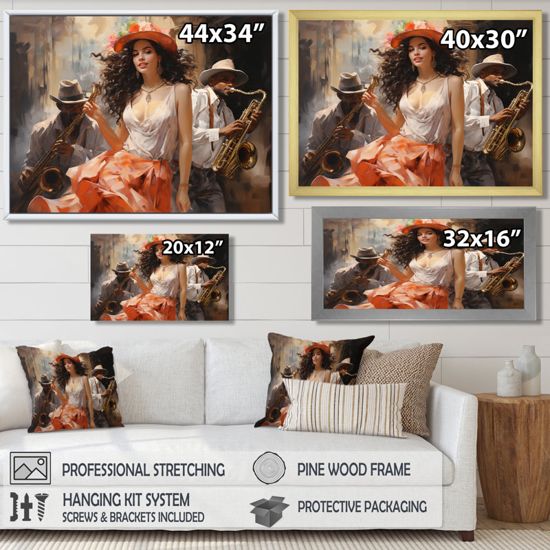 Funky Jazz Trio chanteuse et saxophone - art mural musicien, Toile tendue, H 24 po x l 32 po x P 1 po