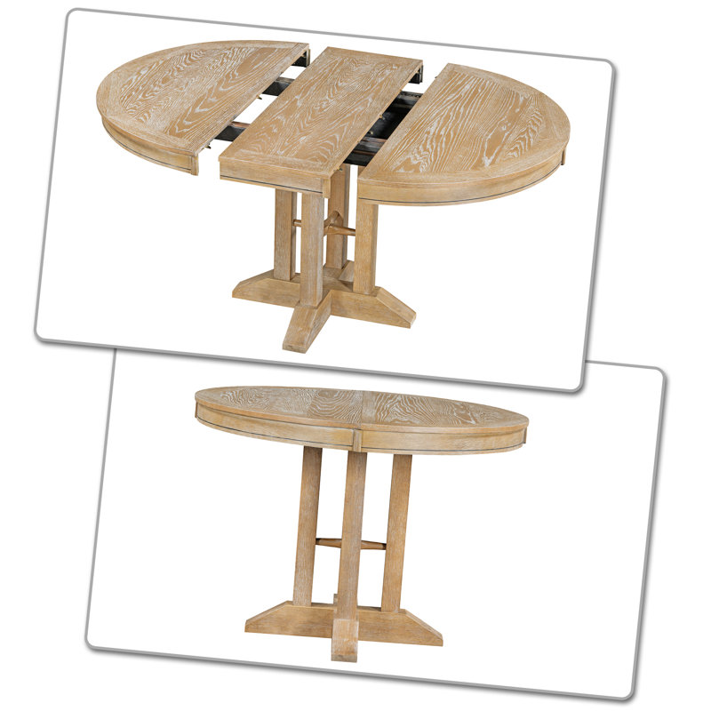 table de salle à manger ronde extensible avec bureau spacieux et structure en bois robuste, Bois naturel délavé