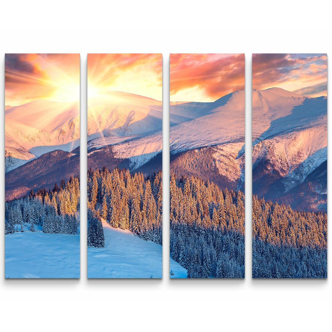 4-tlg. Leinwandbilder-Set Winterlandschaft beim Sonnenaufgang