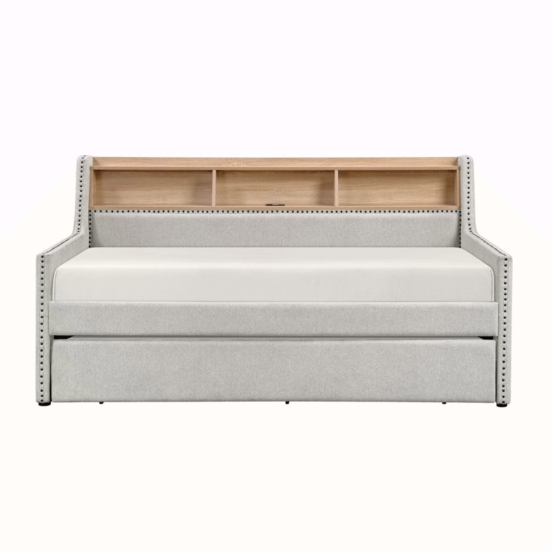 Lit de jour gris clair 1pc avec bibliothèque gigogne escamotable