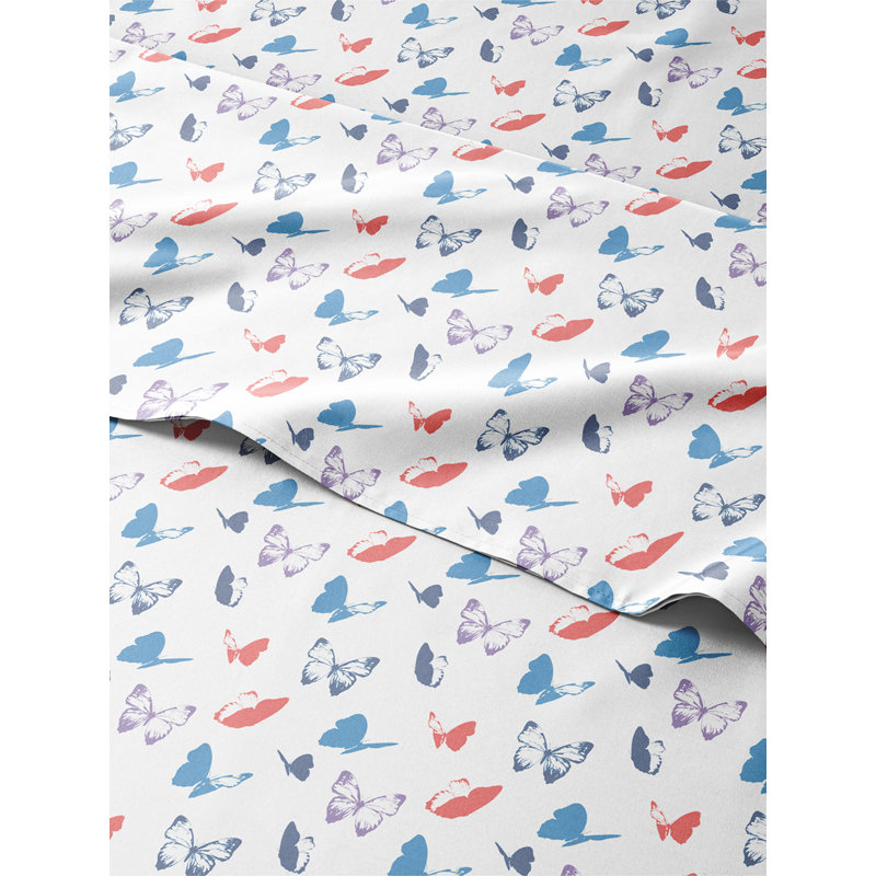 Queen Size Blue and White Butterfly Print Microfiber Sheet Set