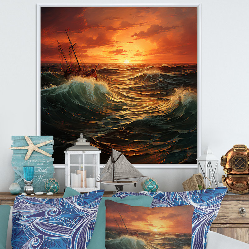 «Golden Boat Horizon Sunset I - Coastal Sunset», art mural, Cadre flottant blanc, H 16 po x l 16 po