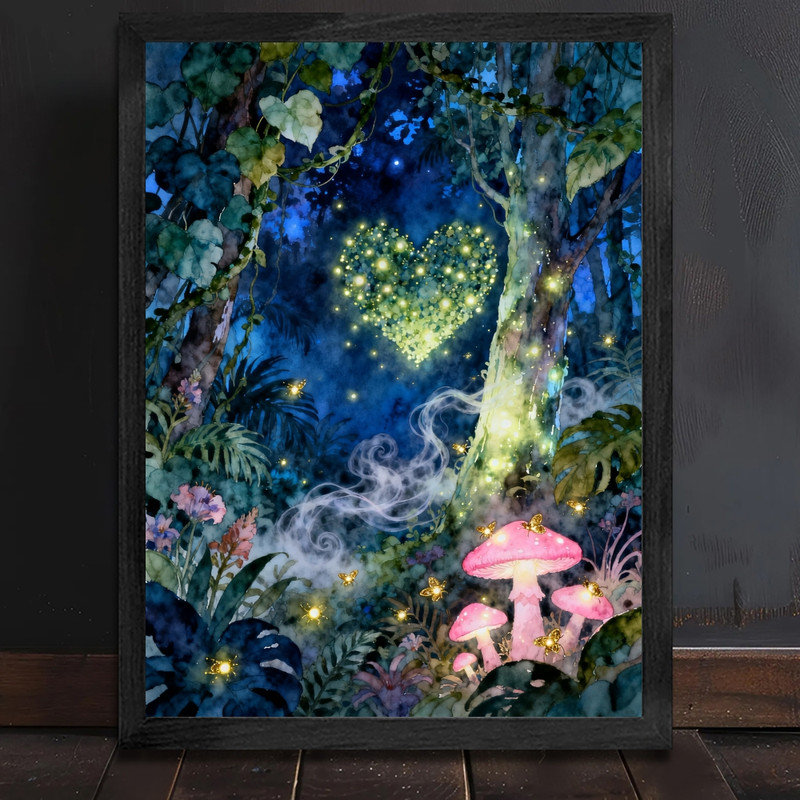Art mural encadré noir forêt de lucioles fantaisiste, aquarelle bohème cadre magique, H 37 po x l 25 po