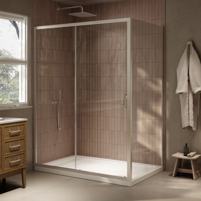 Breeze Sliding 60 in. L x 36 in. W x 75.59 in. H Corner Shower Kit in Satin Nickel with Clear Straight Door, Side Panel, and Pan