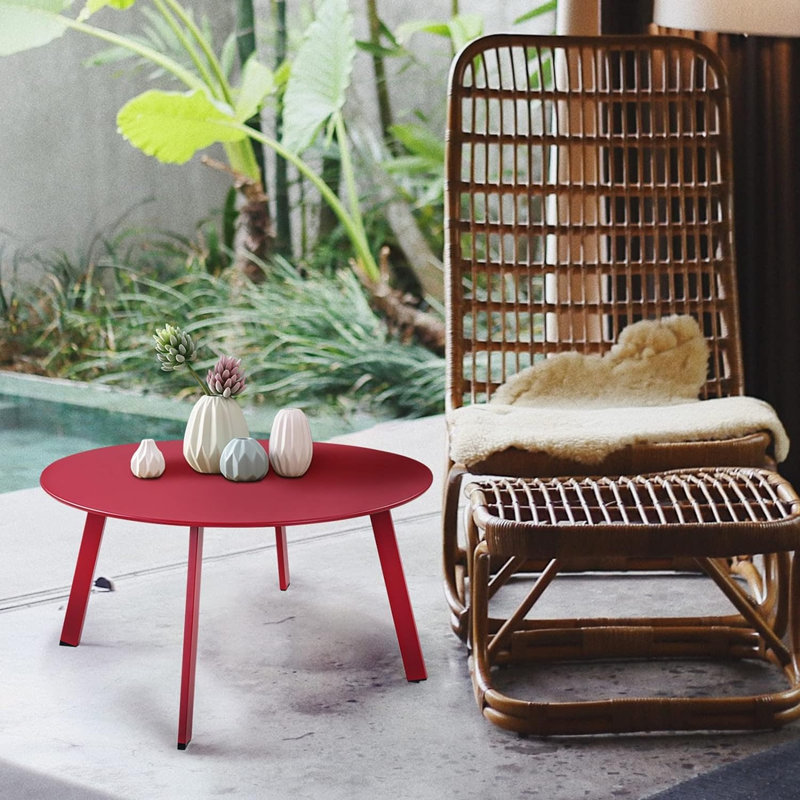 Table basse ronde en acier pour patio, table d'appoint d'extérieur résistante aux intempéries, grande table d'appoint pour terrasse de balcon, rouge