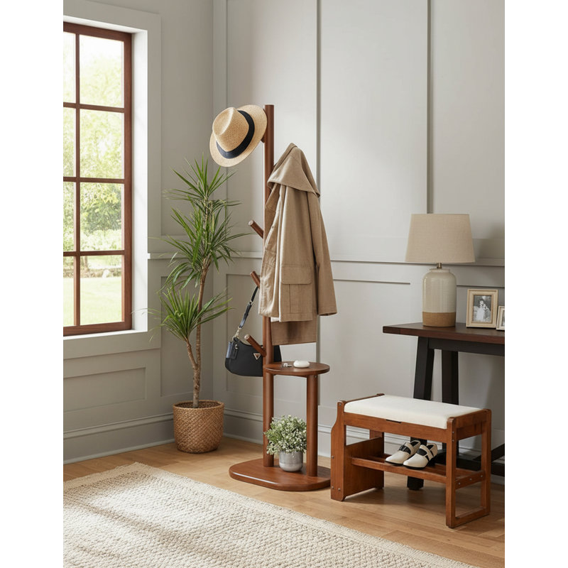 Freestanding Entryway Coat Rack With Solid Wood Base, Hooks And Shelf, Fits Foyer, Bedroom And Living Room For Coats, Hats And Bags.