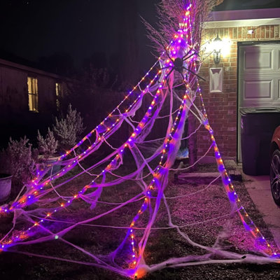 Toile d'araignée d'Halloween et araignée lumineuse géante de 1,98 m (78 pouces), grande toile d'araignée triangulaire lumineuse de 5 m x 4,8 m (16,4 x 15,7 pieds) avec 8 modes d'éclairage pour terrasse, jardin, cour, maison hantée, décoration intérieure et extérieure