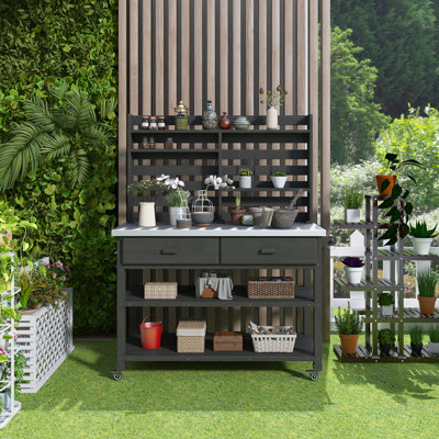 65" H Outdoor Solid Wood Potting Bench Table,Outdoor Kitchen Island With Lockable Wheels,Stainless Steel Top,Removable Hooks,Easy To Install