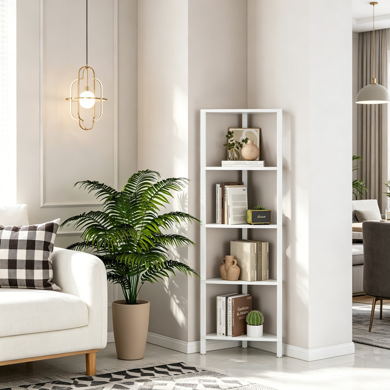 120.5cm H x 26cm W Metal Corner Bookcase, White, (5 Shelves) 120.5cm. H x 26cm. W x 26cm. D