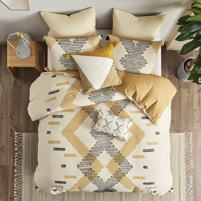 Housse de couette en coton 3 pièces double / grand, motif géométrique gris-jaune chic, torsadé, fermeture à boutons, 4 attaches de coin, décoration géométrique lavable à la machine,