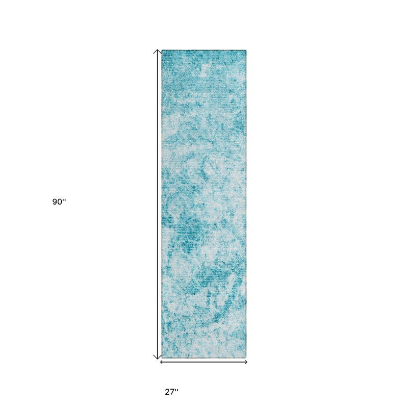 8' Runner Teal Abstract Washable Non Skid Indoor Outdoor Runner Rug