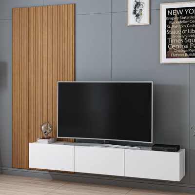 Azhaan Modern TV Unit with Wall Panel, White & Oak, 70.9 x 11.8 x 23.6 inches | 100% Melamine Coated Particle Board, Thickness: 0.7 inches | Stylish Scandinavian Design, Perfect for Living Room & Entertainment Spaces
