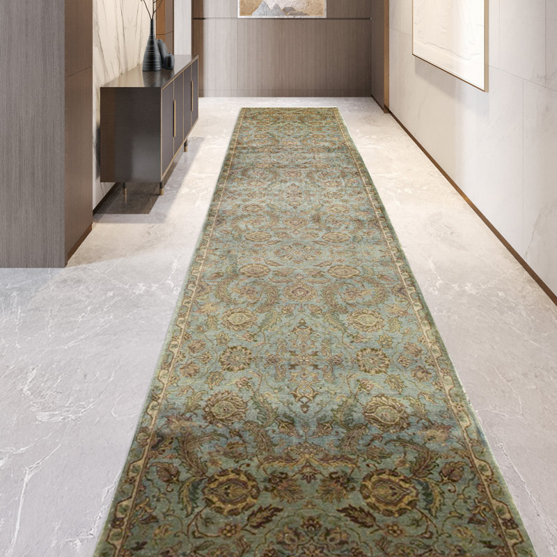 Chemin de table bleu et vert noué à la main de haute qualité