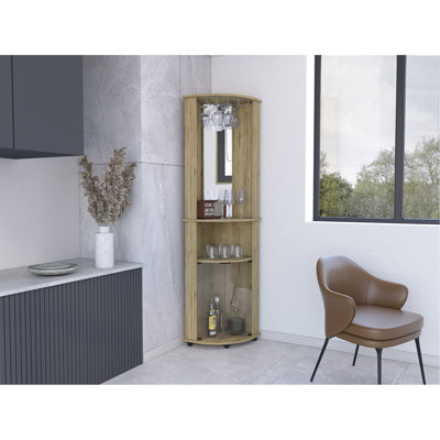 Armoire de bar en miroir avec portes en verre, deux tablettes et verres à pied