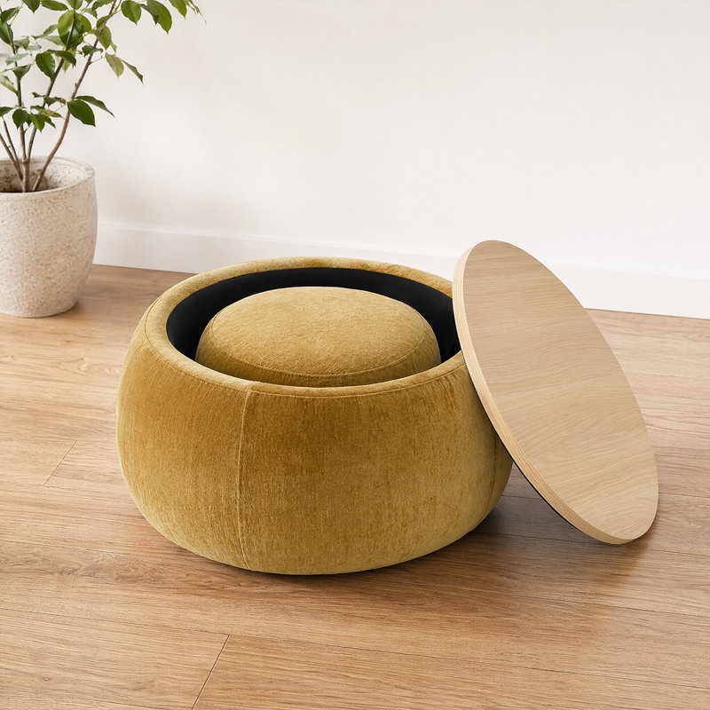 2-In-1Round Fabric Storage Ottoman - Footstool, Seat & End Table In One, Yellow
