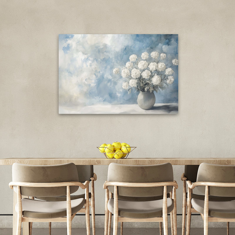Art floral nuageux - Vase de fleurs blanches contemporaines aux couleurs douces, H 36 po x l 24 po