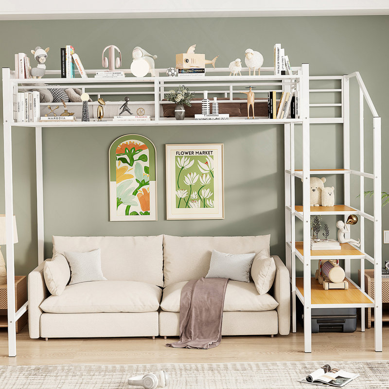 Lit mezzanine simple en métal avec tablette supérieure et échelle de rangement latérale, Blanc
