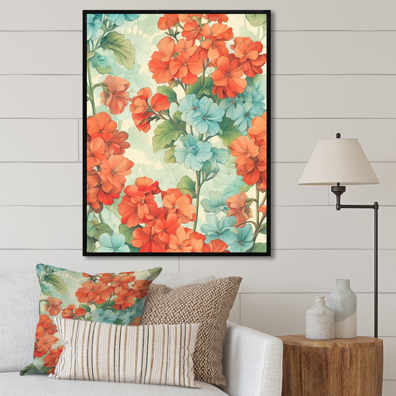 Impression sur toile «Blue and Orange Geranium Collage», Cadre flottant noir, H 20 po x l 12 po x P 1 po