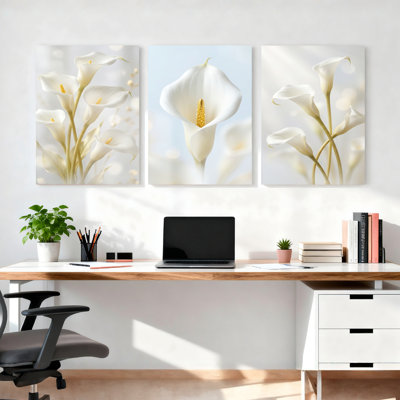 White Calla Lilies Floral Canvas Wrapped Wall Art Set Of 3 For Living Room Bedroom Home Decor