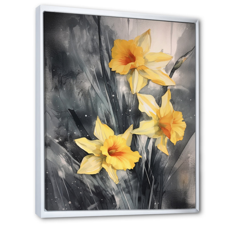«Yellow Gray Natures Daffodils Impression II» sur toile, Cadre flottant blanc, H 20 po x l 12 po x P 1 po