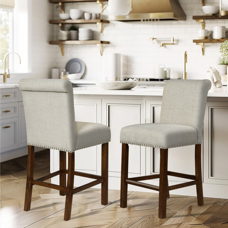 Ensemble de 2 tabourets de comptoir rembourrés avec garniture cloutée, Beige
